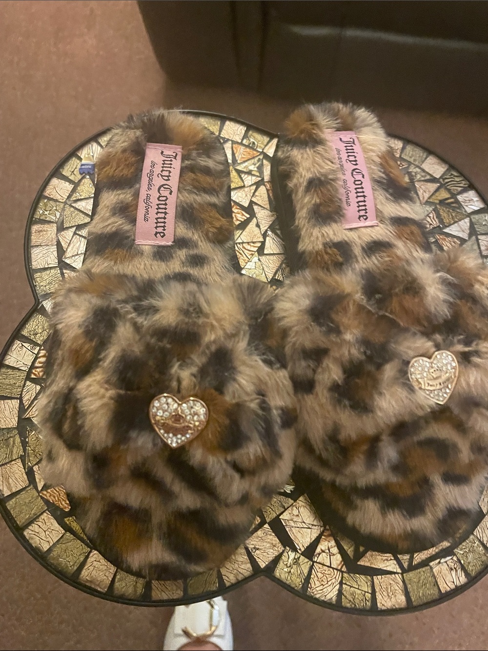 Juicy Couture Leopard Print Faux Fur Slide Slippers with Pink Logo